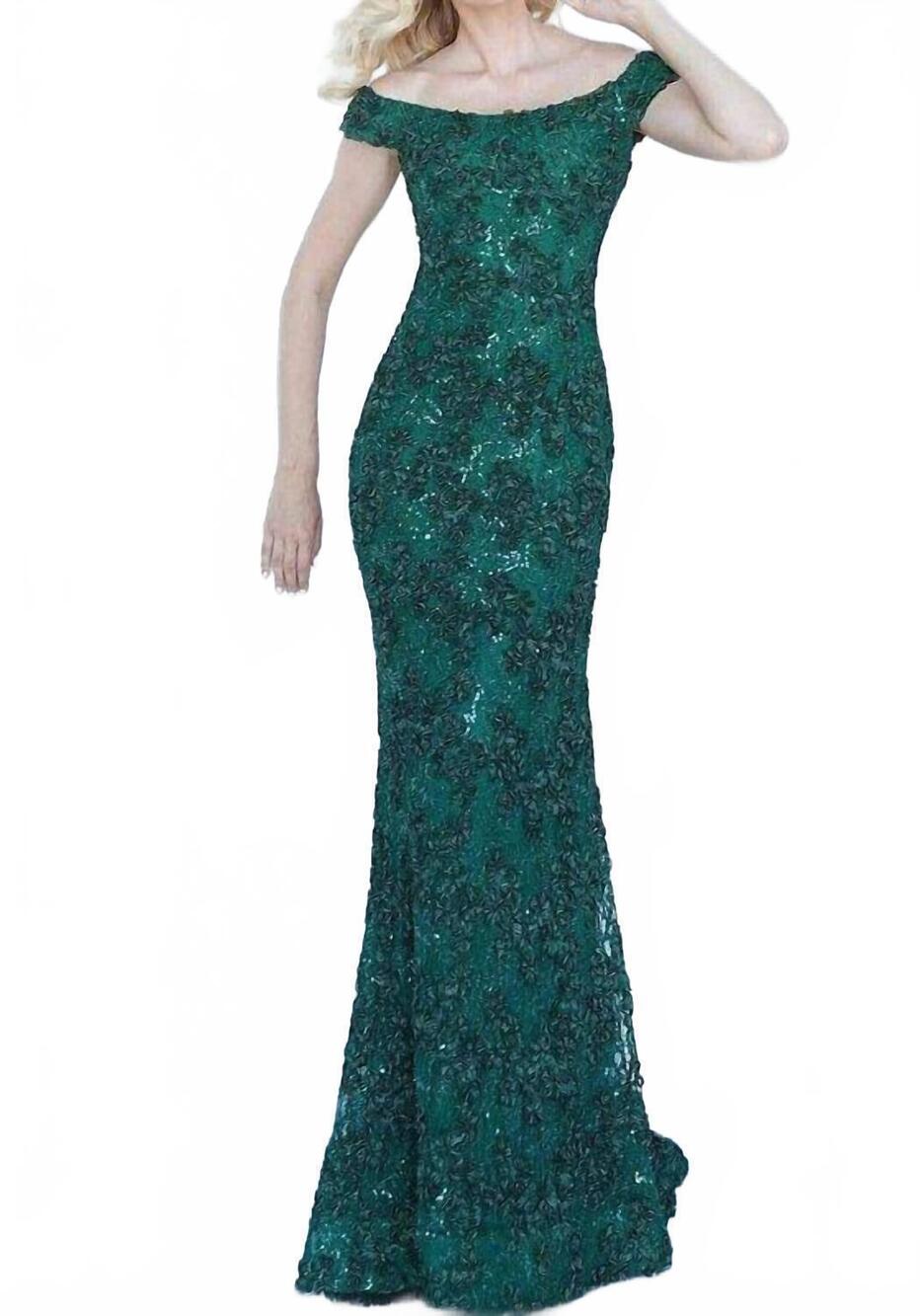 NEW JOVANI off the shoulder neckline and shimmering sequin lace dress in emerald